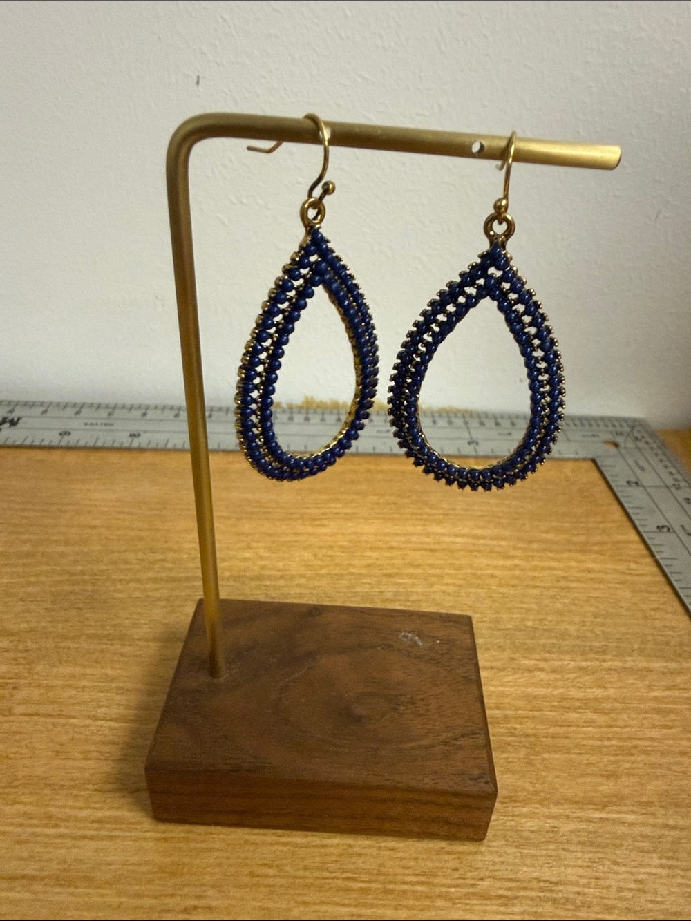 Blue seed bead large open teardrop earrings gold tone metal